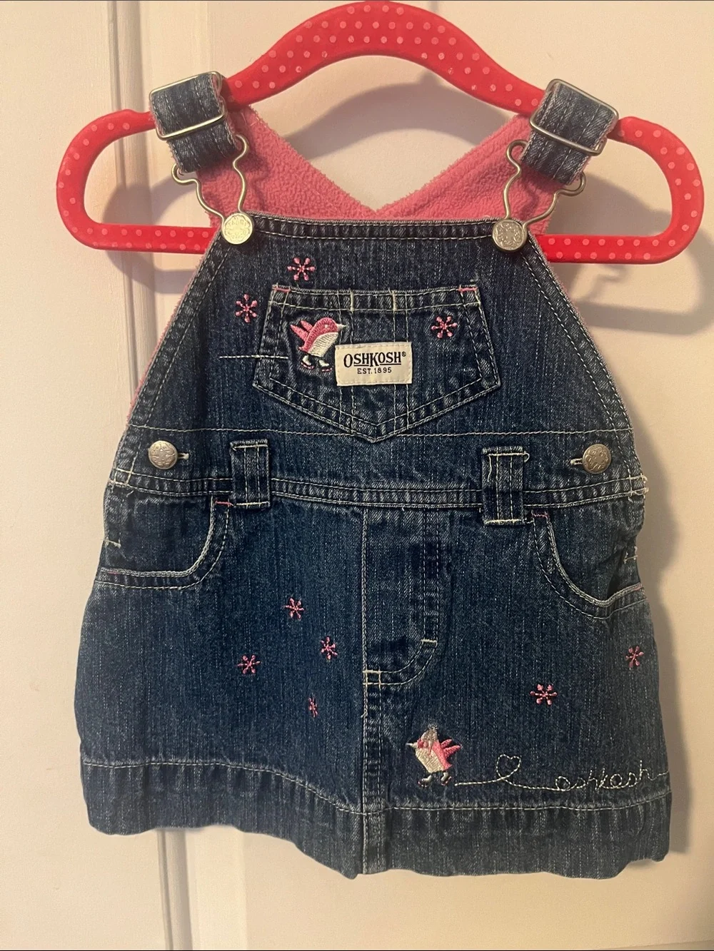 OshKosh B'gosh Dark Blue Denim Overall Dress with Pink Embroidery